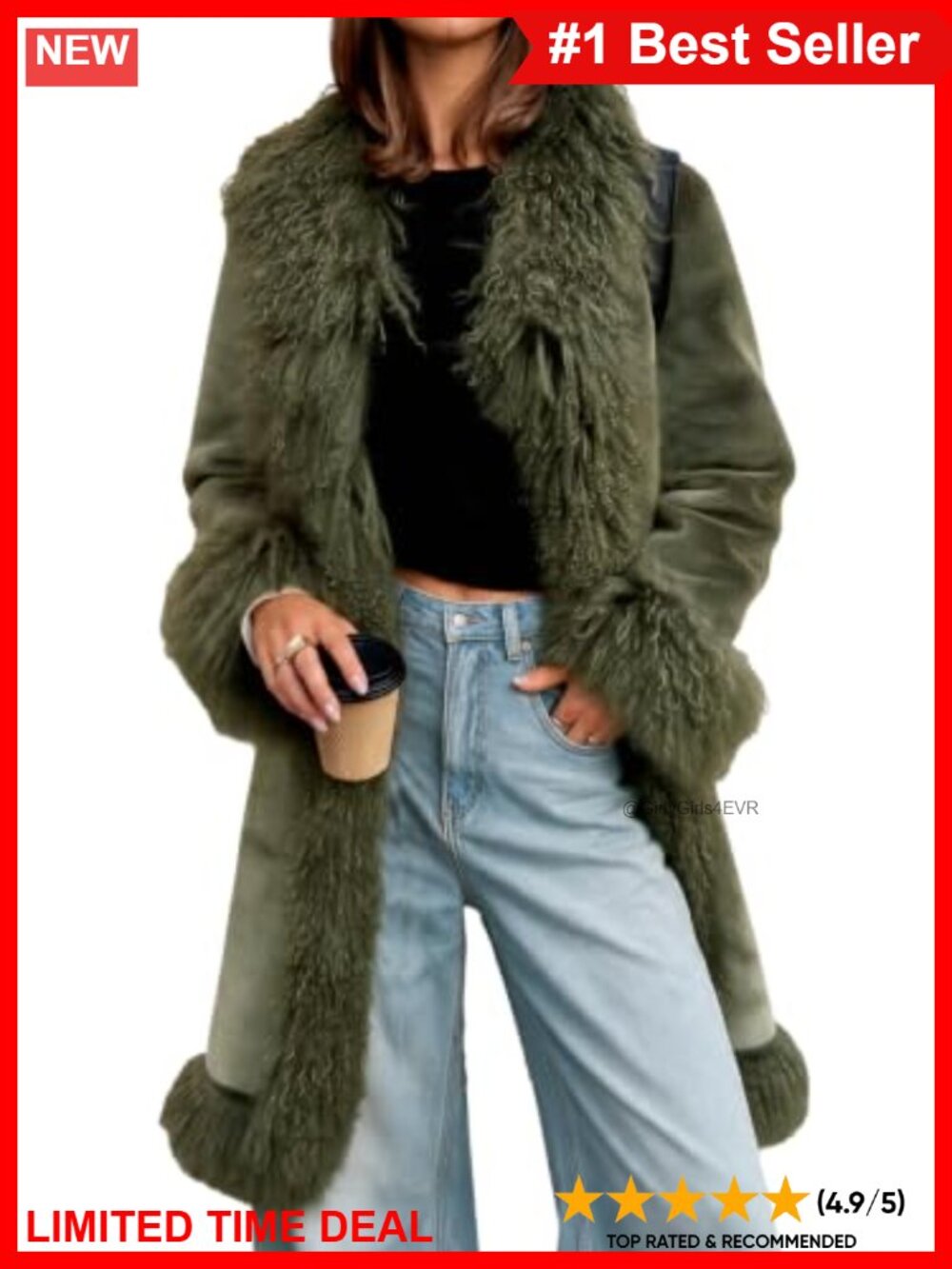 Faux Fur Trim Coat Fuzzy Warm Winter Overcoat Loose Fit